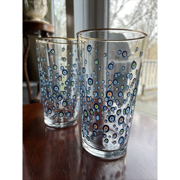 Rakle Evil Eye Drinking Glasses Set/3 Gold Rim Blue Green Orange Design - Picture 7 of 7